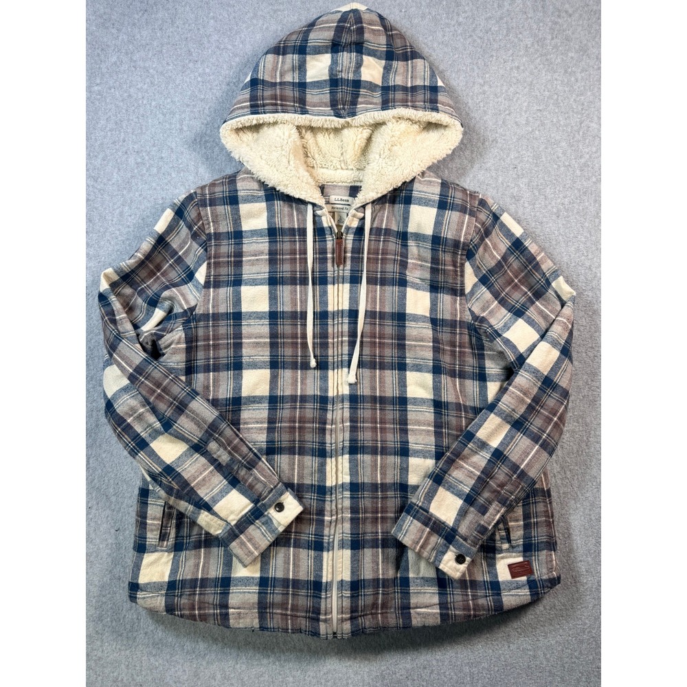 LL Bean Relaxed Fit Sherpa Lined Hooded Flannel Shirt Jacket Blue Plaid Large